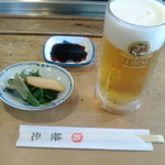 鮨 笹元 - 付け出しに恵比寿生麦酒