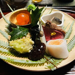 比良山荘 - ☆鮎の熟鮓☆猪肉のロースト☆香茸とむかご☆ビワマスの砧巻き☆紫花豆（地物）☆蕗のとうの天ぷら☆鯉の子☆地卵の味噌漬け