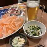 Murasaki - 生ビール中、揚げえびせん、たこねぎ塩、お通し