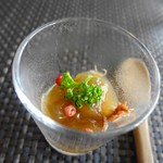 フォアグラクリーム　牛テールのマリネ＆牛テールのジュレ　ピンクペッパーがアクセントになってます　クリーミーで美味しい（^^）