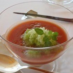 フレンチレストラン ミクニ サッポロ - 前菜；ガスパチョと青トマトのグラニテ，ピーマン・セロリ・胡瓜のジュレ和え @2013/06/29