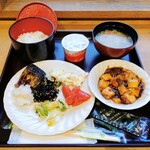 KKRホテル中目黒 - 料理写真:ごはん,豚汁,麻婆豆腐,焼き肴(鯖),辛子明太子,ポテトサラダ,昆布佃煮,白菜漬物,納豆,味付海苔,大根おろし