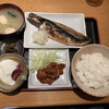 Saga - 焼き魚定食 サバの塩焼き、(鶏の唐揚げ、かつお山かけ、ご飯、味噌汁)
