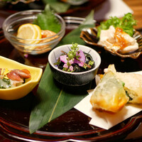 恵比寿屋 HANARE 国分寺 - 蛍烏賊と菜の花のヌタ、アスパラとチーズと白子の天ぷら、カワハギの肝醤油和え、湯葉、？