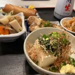 からすやま食堂 - からす定食（鯖竜田揚げ・春巻き・とり団子の五目うま塩煮）