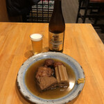 手打ちそばちくま - アサヒ熟撰中瓶、おでん：ちくわぶ、厚揚げ、練り物2種