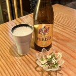 蕎麦切り 旗幟 - 瓶ビール680円、お通し