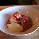 さじこよみ - 里芋のチョコレートムース・無農薬苺のスープ・自家製豆乳ジェラート・イチゴプリン