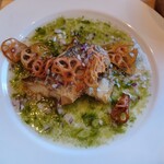 農家レストラン 旬世 - 真鱈の塩焼きアオサ餡と蓮根チップ