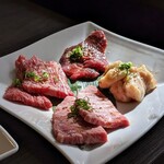 Shinise Seinikuten Chokusou Okazaki Yakiniku Hidagyuunodo Rei - カルビ（塩）、上ハラミ（タレ）、本日の希少部位～ミスジ、牛ホルモン（暁コース）