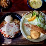 盛よし - チーズハンバーグとエビフライとクリームコロッケのセット