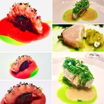 レスト ケイ ヤマウチ - ビーツと青ネギ使用の鮮やかなソース。海老やさわらはレアになってて、素材の甘みなども感じる　鰆には、丘ひじきや焼き茄子も合わせてあった