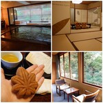 Higaeri Oshokuji Dokoro Momidi - 露天風呂つきの大浴場＆お部屋の様子。10畳二間(58平米 バストイレつき)の角部屋です。お茶請けは 藤い屋 さんのもみじ饅頭。
