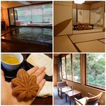 お食事処 もみぢ - 露天風呂つきの大浴場＆お部屋の様子。10畳二間(58平米 バストイレつき)の角部屋です。お茶請けは 藤い屋 さんのもみじ饅頭。