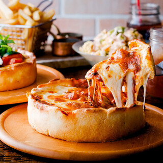 Chicago pizza made from handmade dough that is fermented in restaurant and baked on the spot.