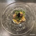 カーサ・デル・チーボ - 北寄貝とキャビアのサフランを練り込み造られた冷製タリオリーニ