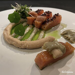カーサ・デル・チーボ - 桜鱒のマリナータとペースト､蕗の薹のバーニャカウダに菊菜のオイル