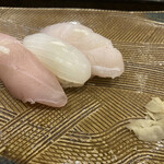 にぎり鮨 一五〇 - 塩三昧　オオスジハタ、イカ、アラで〆ちゃいました^^;