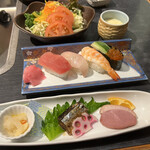 Shiyabuzen - 前菜・新鮮季節サラダ ・茶わんむし ・にぎり寿司