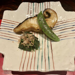 賛否両論 - ・焼きもの
      メダイの幽庵焼き
      スナップエンドウとほうれん草の辛子和え
      