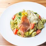 Genovese with burrata cheese and Prosciutto and spring vegetables