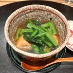 もちづき - 厚揚げ　牡蠣　鮑　小松菜の炒め煮　ポン酢の餡