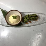 Matcha warabi mochi and vanilla ice cream