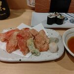 Sushi Tempura Gosakutei - ●夕食。中瓶ﾋﾞｰﾙ715+刺し(鮑ｱﾜﾋﾞ1738X2)+ﾊﾏﾁｶﾏ塩焼858+紅生姜天ぷら528+梅しそ細巻440+土産上巻1738=7,720円