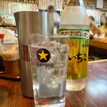 丸千葉 - いいちこボトル。水や氷は多分サービス。
      そしてレモンの切り方はリクエスト可能。