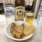 溝畑酒店 - 赤星大瓶530円とちくわ、あげ、大根各120円