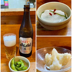 Hisamoto - 瓶ビール中瓶を飲みながらお母さんとゆっくりお話し♪
                      つまみに、蕪の酢漬けとカリフラワーのピクルスをいただきました♪
                      甘酸っぱくて美味しい！