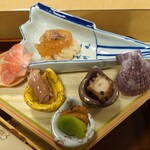 銀座 しのはら - ボタンエビの紹興酒漬け、鴨ロース、カラスミと一寸豆、蛸の柔らか煮