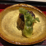 銀座うち山 - 茄子のふき味噌田楽・タラの芽揚げ