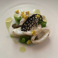 IZA - ⚫︎4皿目
                      槍イカをソテーに。敷かれている新玉ねぎは酸っぱくマリネ。