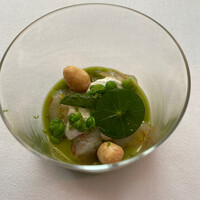 IZA - 2皿目
                    赤海老のマリネに緑はグリンピースのピュレ・ボイルされたグリーンピース・ストラッチャテッラチーズ・ビスケット・ミント・ケールパウダー。