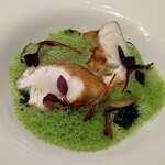 ル・ヴァンキャトル - フグ、ちぢみほうれん草、霜降りひらたけ　春菊ソース