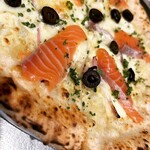 Salmon and mashed potato pizza