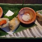 醪音 - 鱧とオクラ、人参の巻き揚げ、ししとう　（梅昆布塩）～♪(^o^)丿　　　