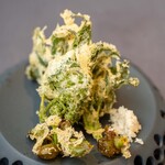 プレゼンテ スギ - 2023.3 海と大地（ニワトコ新芽フリット、イカと蕗のタルタル、勝浦産浜大根、勝浦産満月塩）