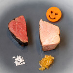 プレゼンテ スギ - 2023.3 High ＆ Low ステーキ（オプションで八千代黒牛ヒレ＆旭市産なでしこポークのダブルに、野蒜の自家製魚醤漬け添え）