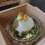 しのはら - 先付。北海道の帆立、ウニ。五島列島のアワビ、焼きナス