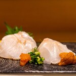 和食と和酒 磯じまん - 2023.3 長崎産天然クエ刺し（焼霜造り）北海道産バウンウニ おろしポン酢