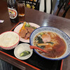 グリル小竹 - 料理写真:スタミナセット¥1000（焼肉・ラーメン・半ライス・おしんこ）、瓶ビール¥600