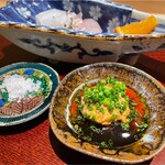 日本料理 柳燕 - お造りのお供にお塩とあん肝ポン酢。