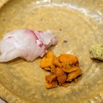 うを徳 - 2023.3 お造り（明石の鯛2.8kgサイズ、函館産バフンウニ）