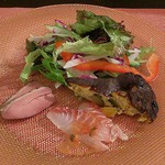 カーサ カルマ - 前菜(鴨燻製、めじなカルパッチョ、オムレツ、夏野菜のサラダ)
