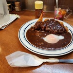 カレーの南海 - ロースカツカレー(大辛の辛め)+エビフライ&温泉玉子　930円+260円+100円