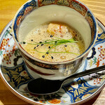 KOTARO Hasegawa DOWNTOWN CUISINE - 三皿目：熊海老のスープ仕立て　ボッコンチーニとロックチャイブを合わせてあります