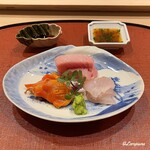御料理 寺沢 - 赤貝､めじ鮪トロ､鮃の造り