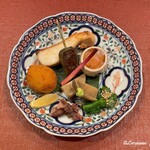 御料理 寺沢 - 真魚鰹の西京焼､蓬麩の田楽､ボタン海老の海鼠子和え､煮鮑､菜花､蛍烏賊梅煮､毛蟹コロッケ
